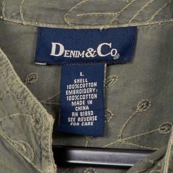 Denim & Co Button Up Shirt L Womens Olive Green Floral Embroidered Collar Pocket - Picture 4 of 5